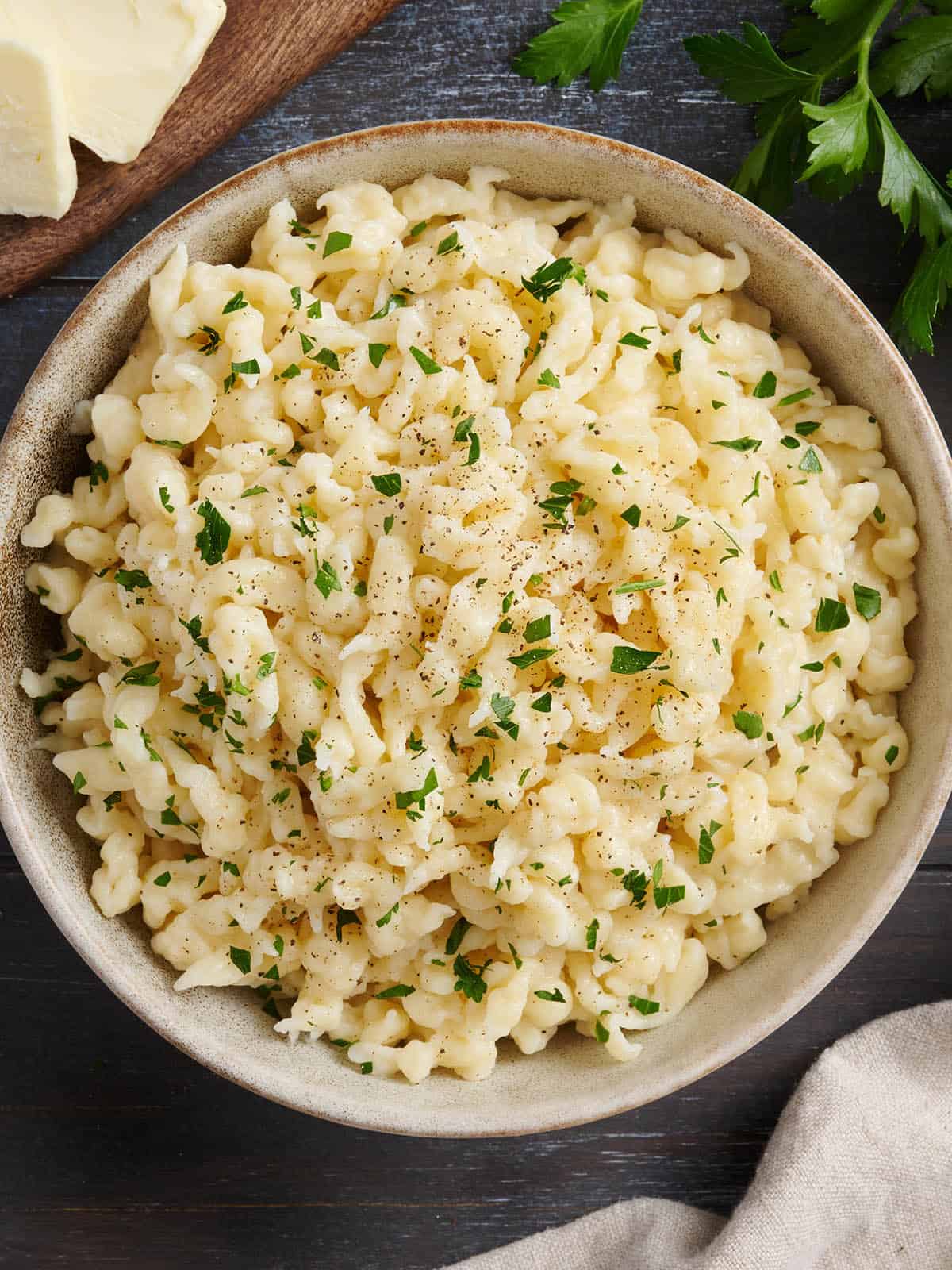 Overhead view of a bowl of homemade Spaetzle.