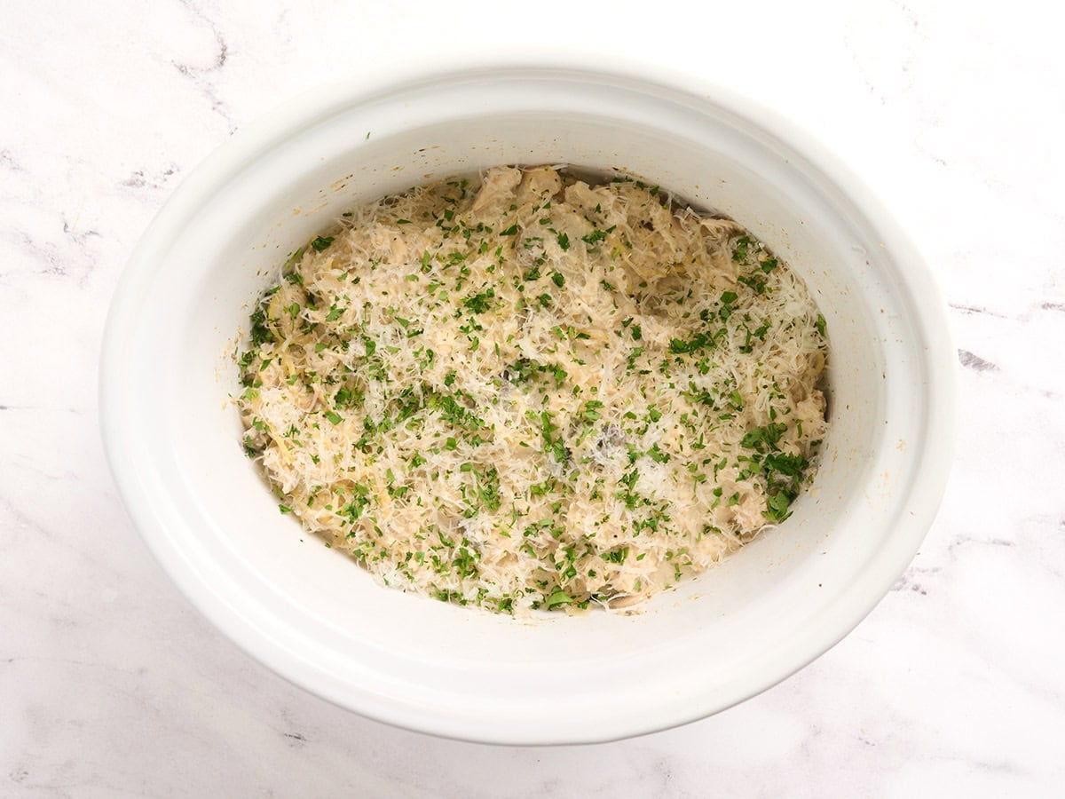Finished crockpot chicken tetrazzini.