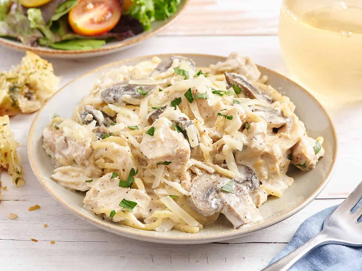 Side view of slow cooked chicken tetrazzini on a plate.