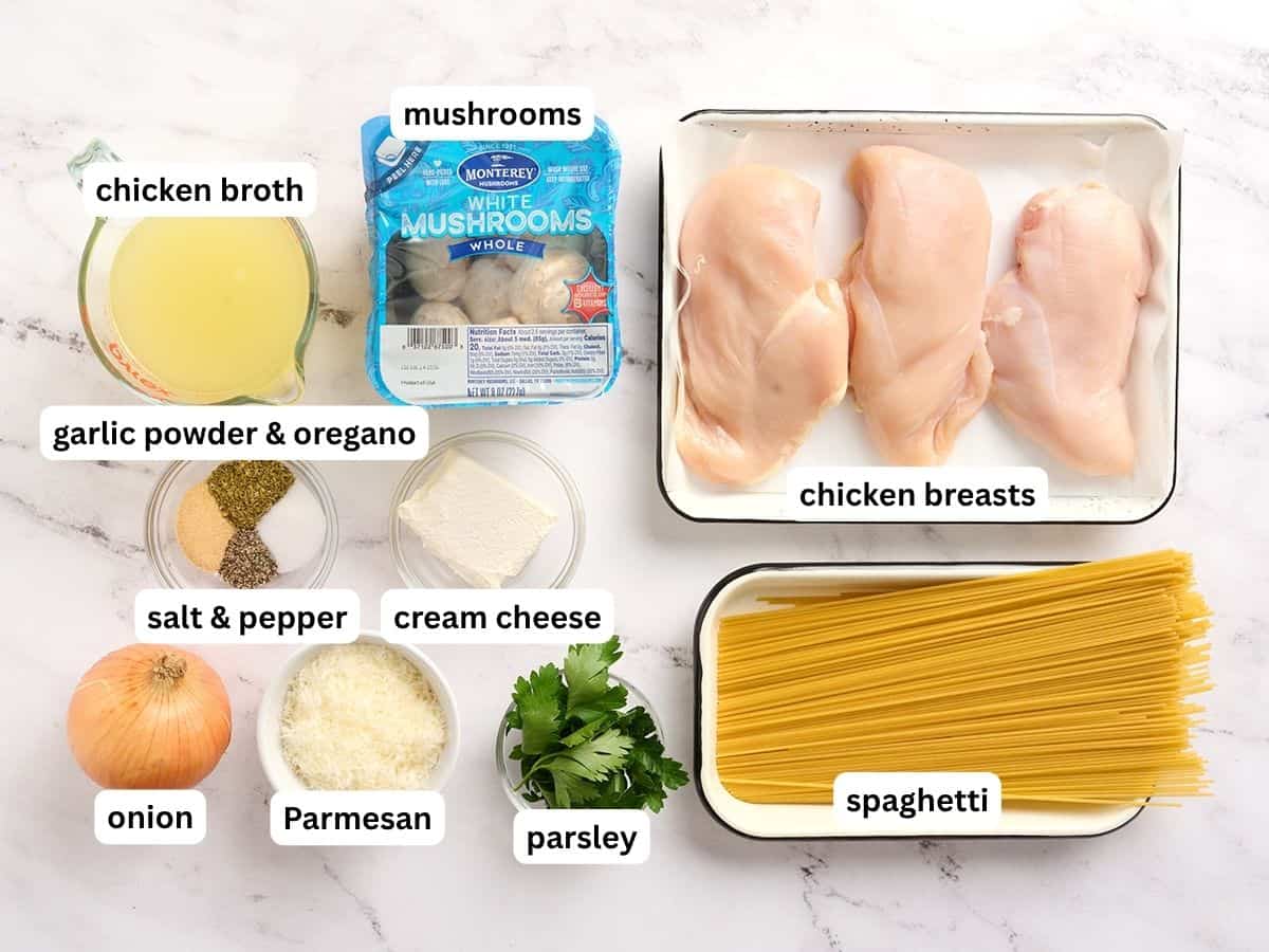 The ingredients to make chicken tetrazzini with ingredient labels.