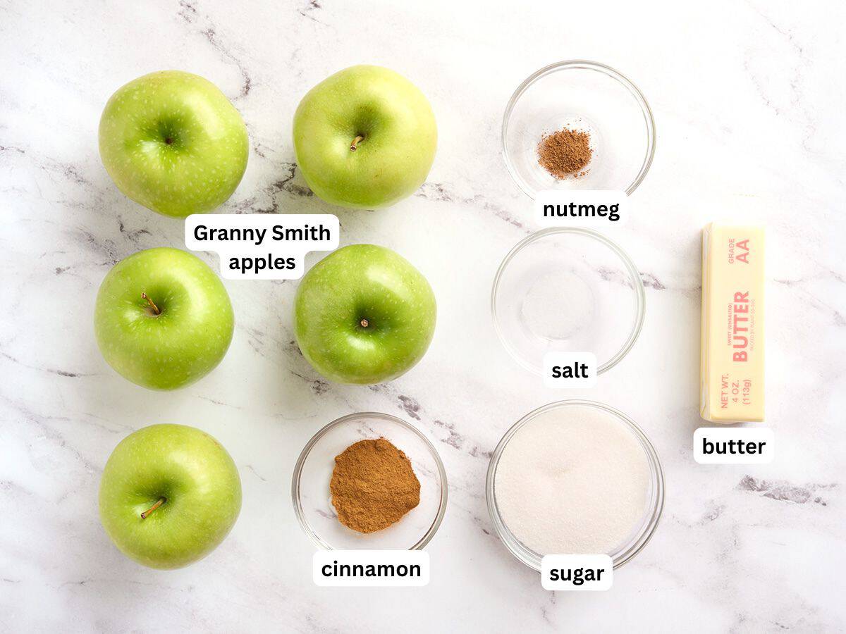 The ingredients to make fried apples with labels.