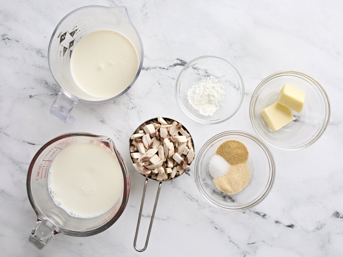 The ingredients to make a cream of mushroom soup.