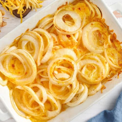 Overhead view of a baking dish of Tennessee onions.