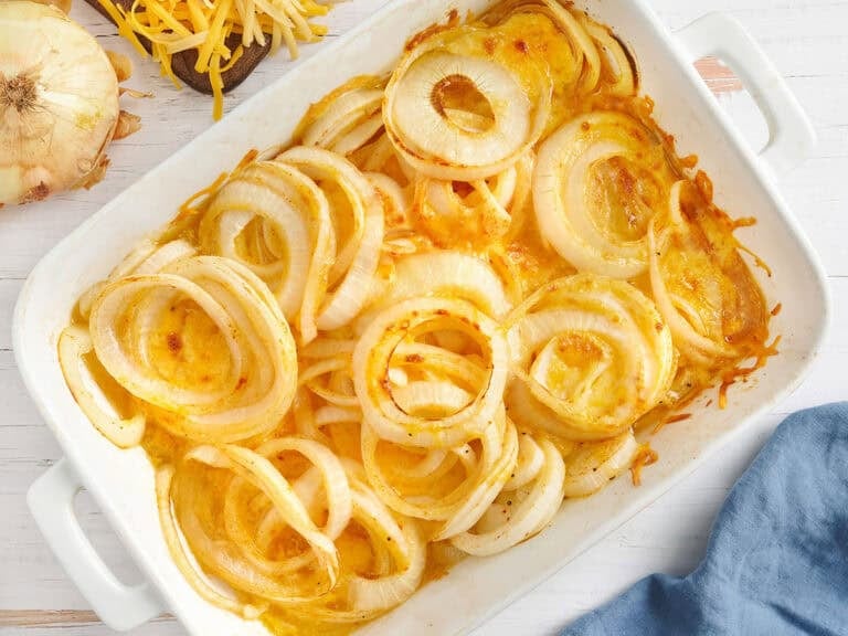 Overhead view of a baking dish of Tennessee onions.