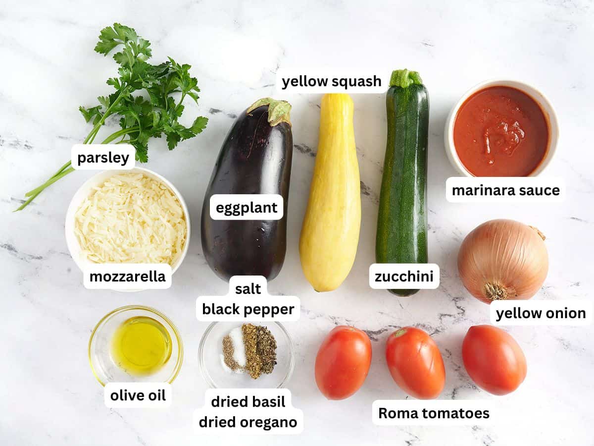 The ingredients to make ratatouille with labels.