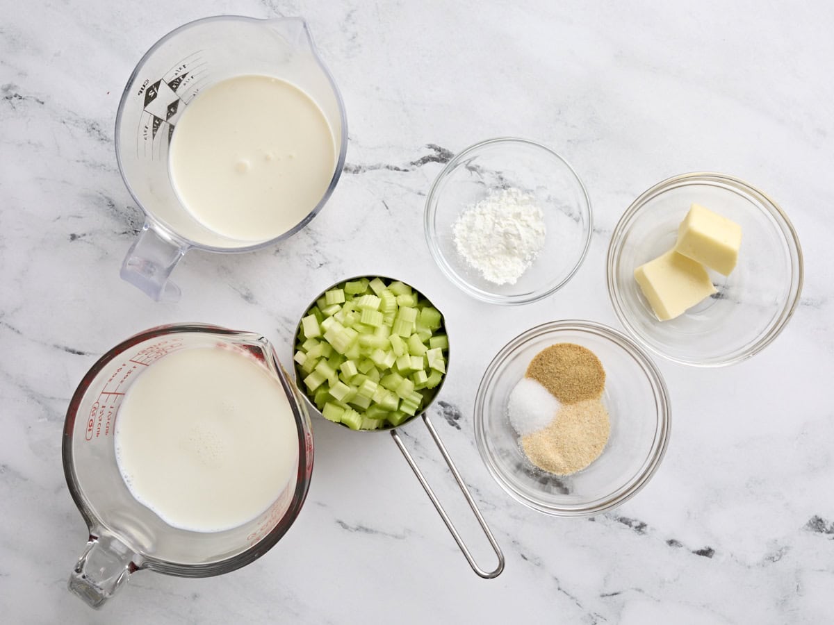 The ingredients to make cream of celery soup.