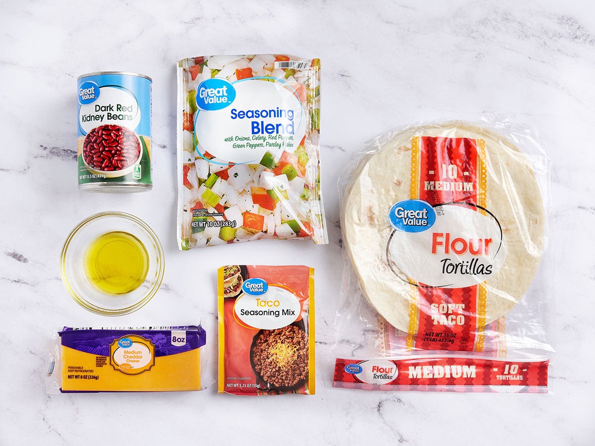 The ingredients to make cheesy kidney bean quesadillas.