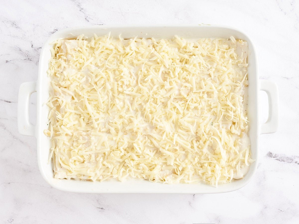 A homemade seafood lasagna before baking.