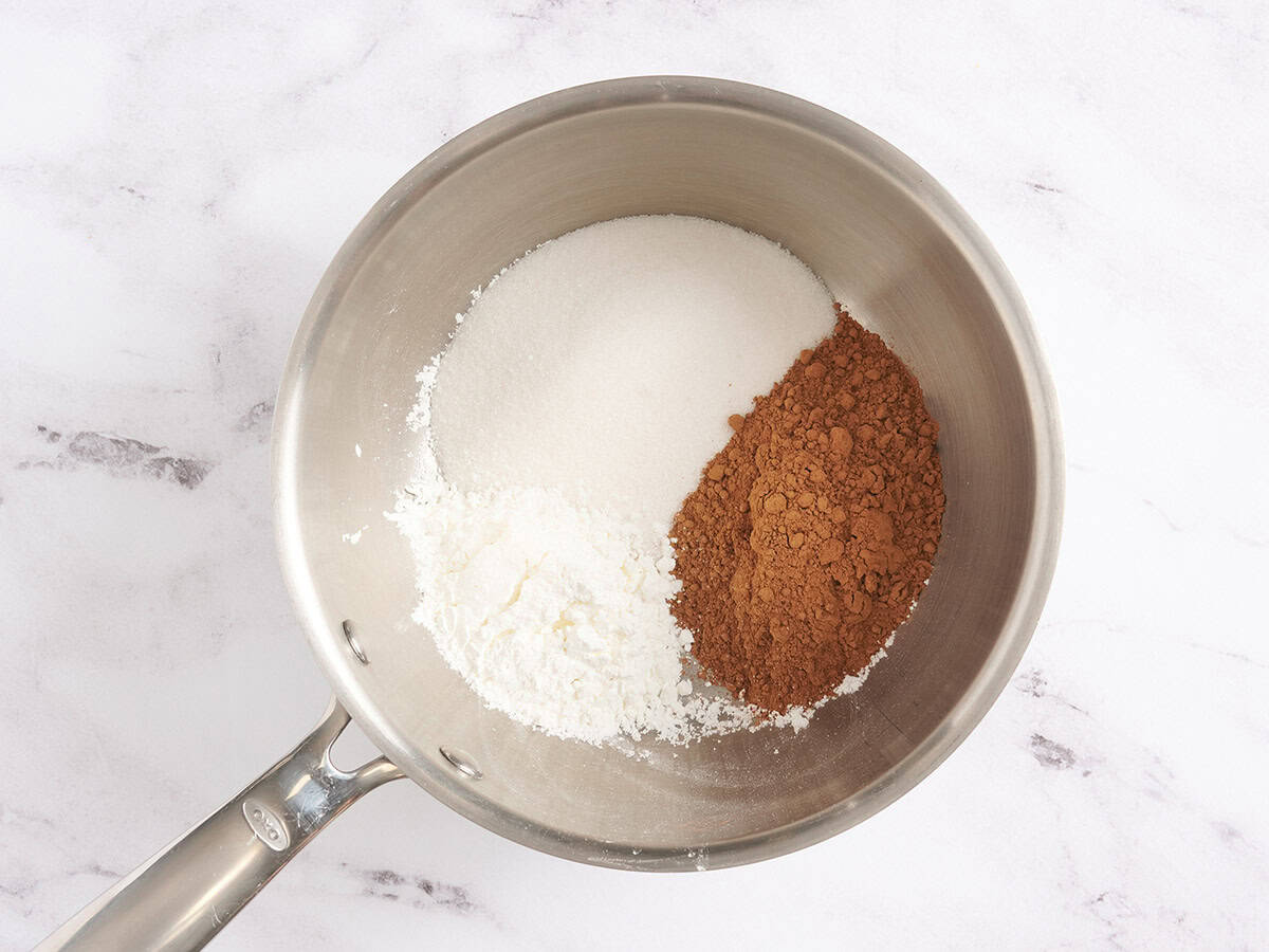 Dry ingredients a chocolate pudding in a saucepan.