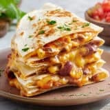 Side view of a stack of cheesy kidney bean quesadillas on a plate.