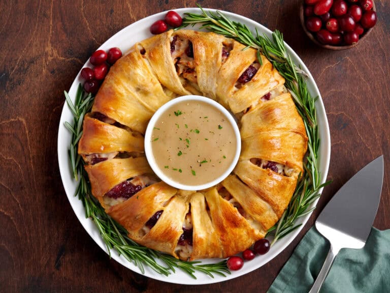 Overhead view of holiday leftovers wreath.