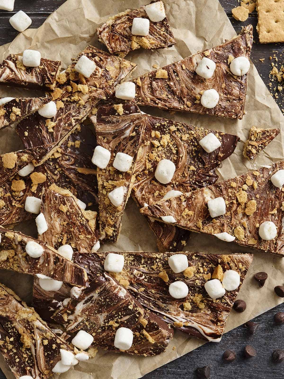 s'mores bark broken up on countertop