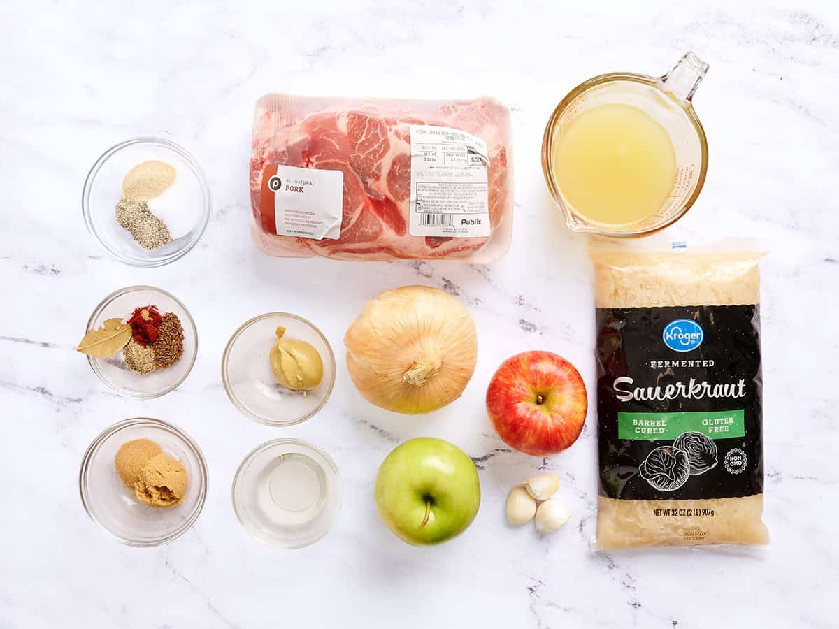 The ingredients to make pork and sauerkraut.