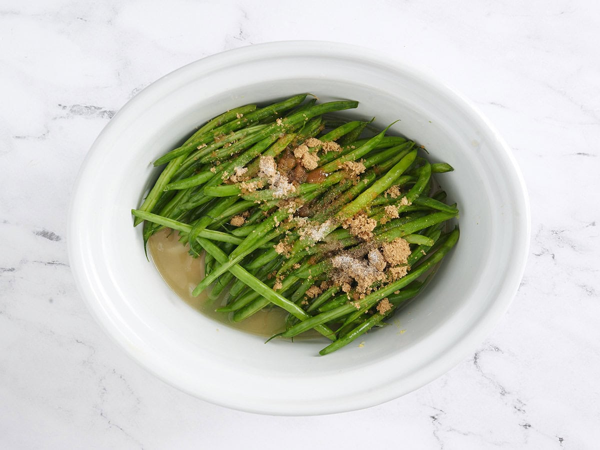 All the ingredients in a crockpot.