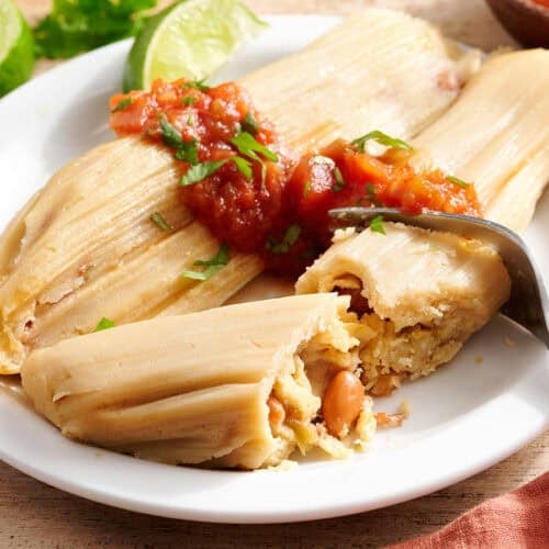 Side view of bean tamales on a plate with salsa.