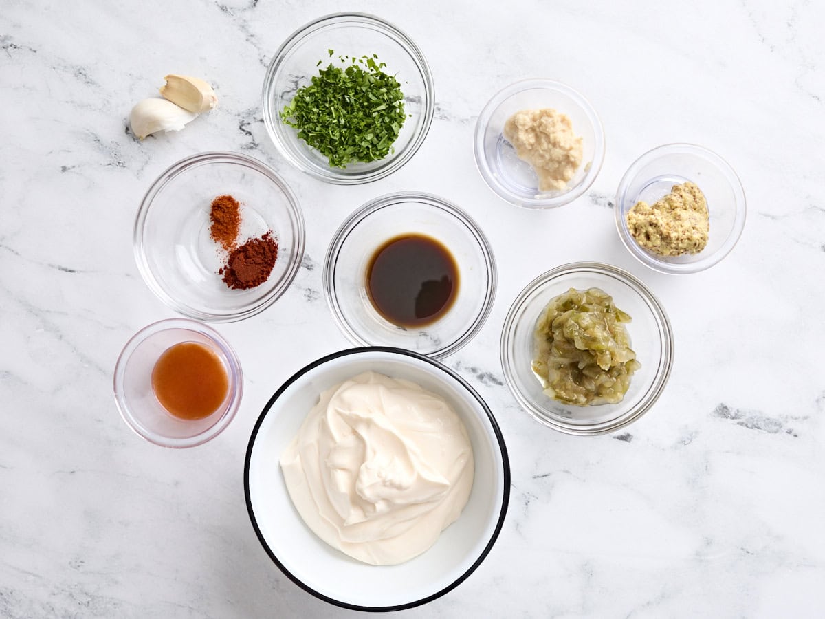 The ingredients to make remoulade sauce.