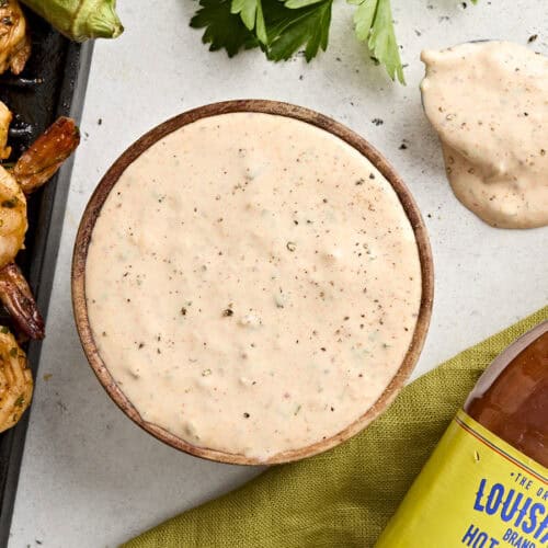 Overhead view of remoulade sauce in a bowl.