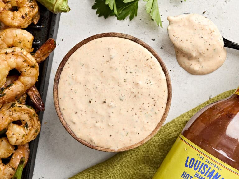 Overhead view of remoulade sauce in a bowl.