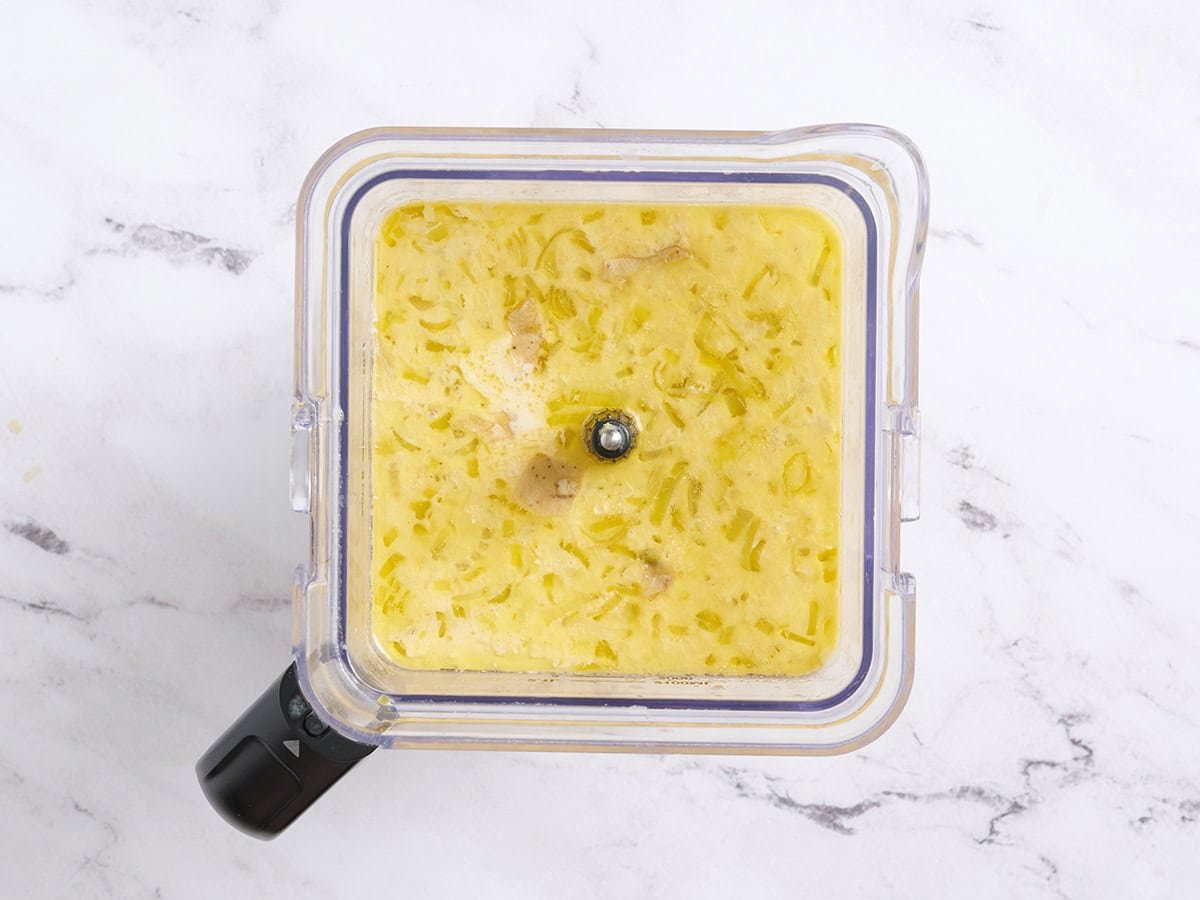Leek and potato soup in a blender.
