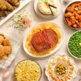 Overhead view of an easter dinner spread.