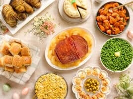 Overhead view of an easter dinner spread.