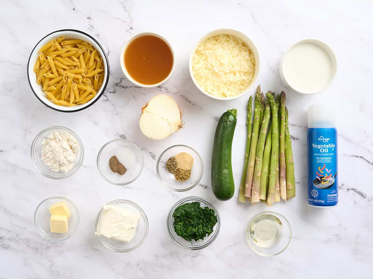 The ingredients to make baked pasta with spring veggies.