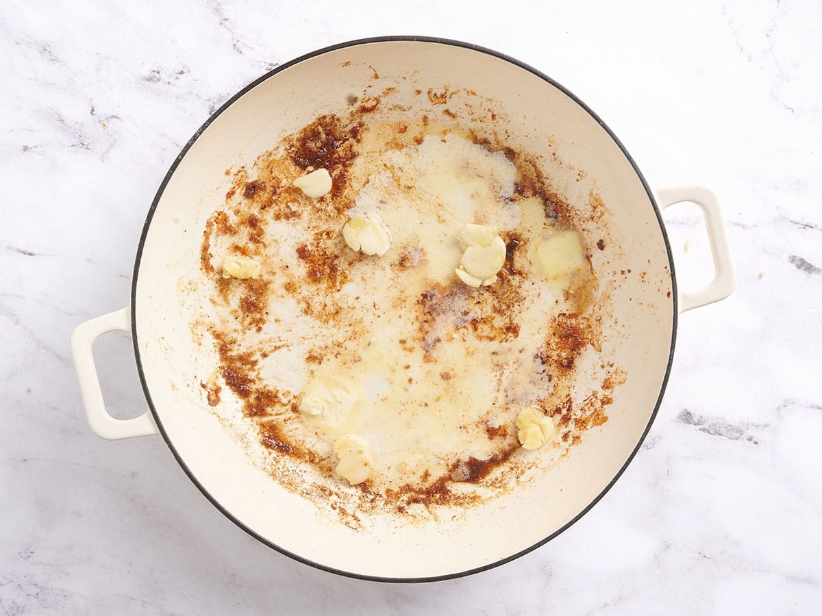Butter and garlic in a skillet.