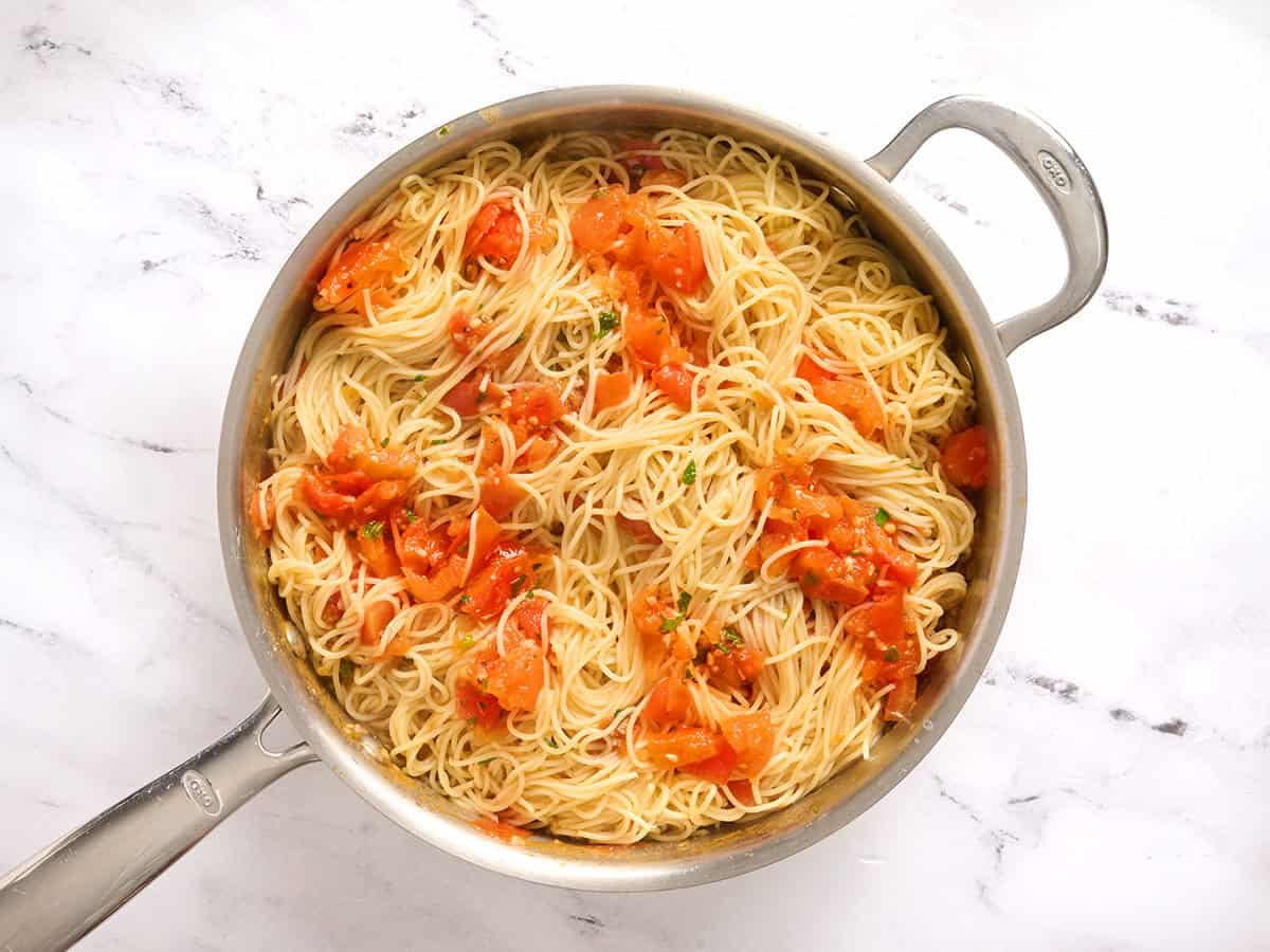 Finished Angel Hair Pasta Pomodoro in a skillet.