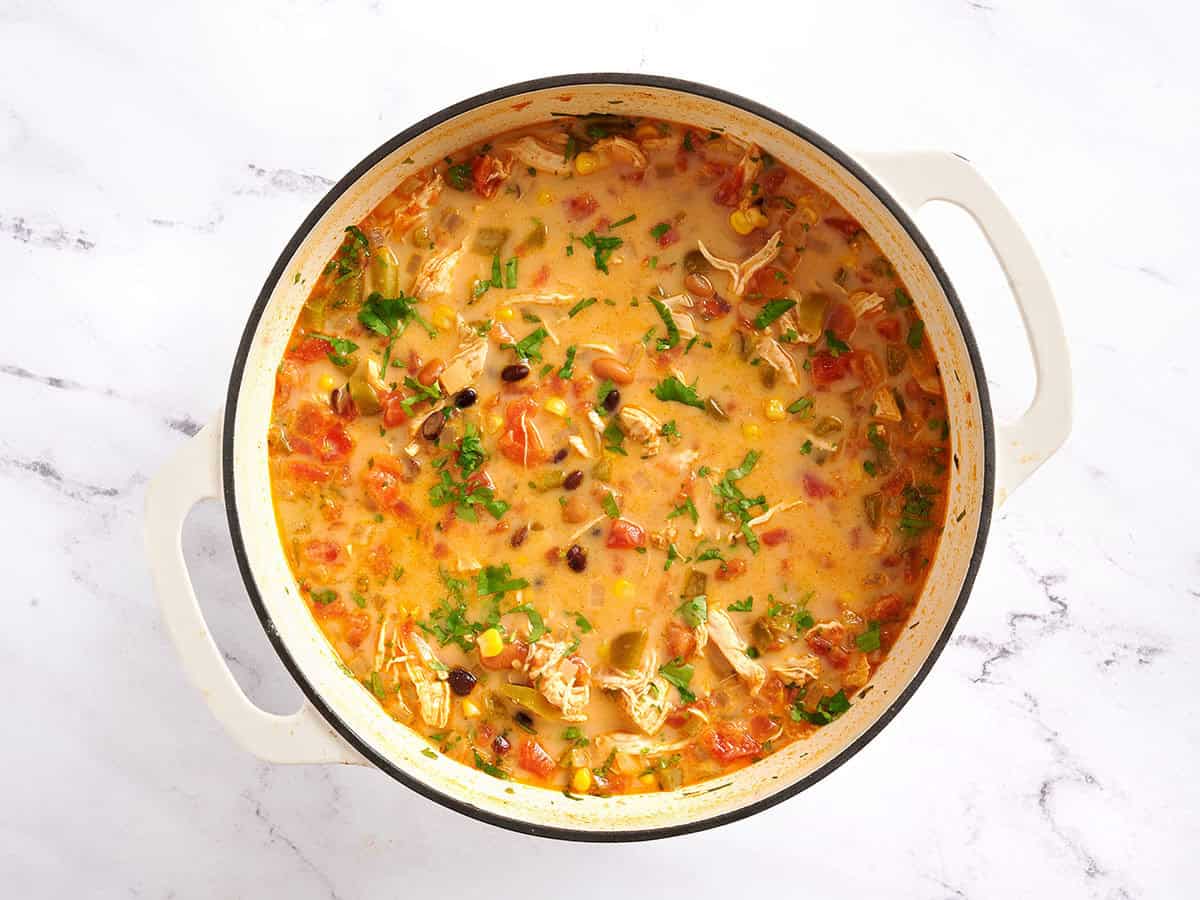 Finished pot of chicken taco soup.