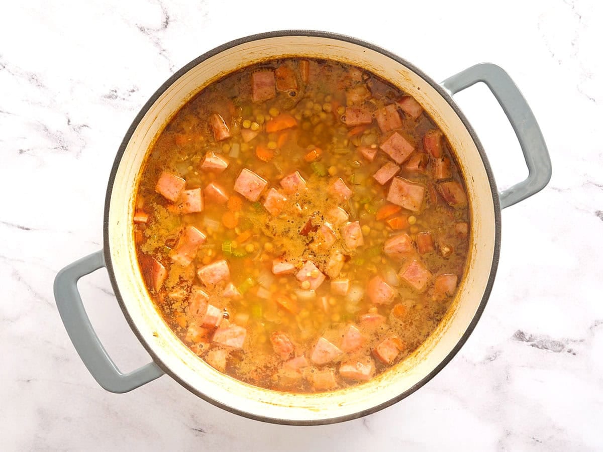 Ham and lentil soup after simmering.