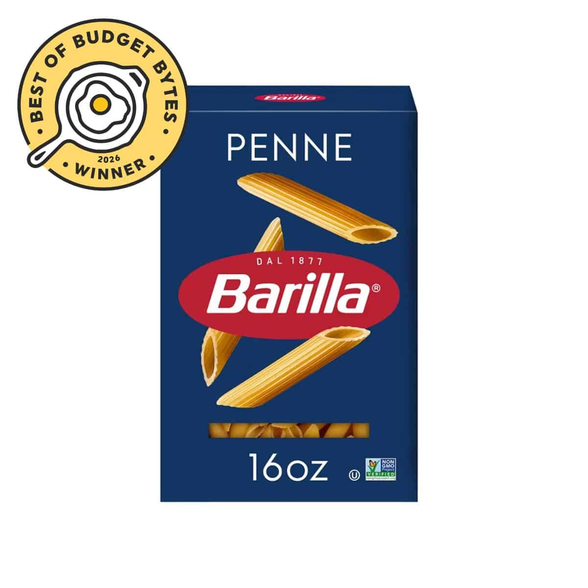 front view of a box of barilla pasta with a budget bytes seal.