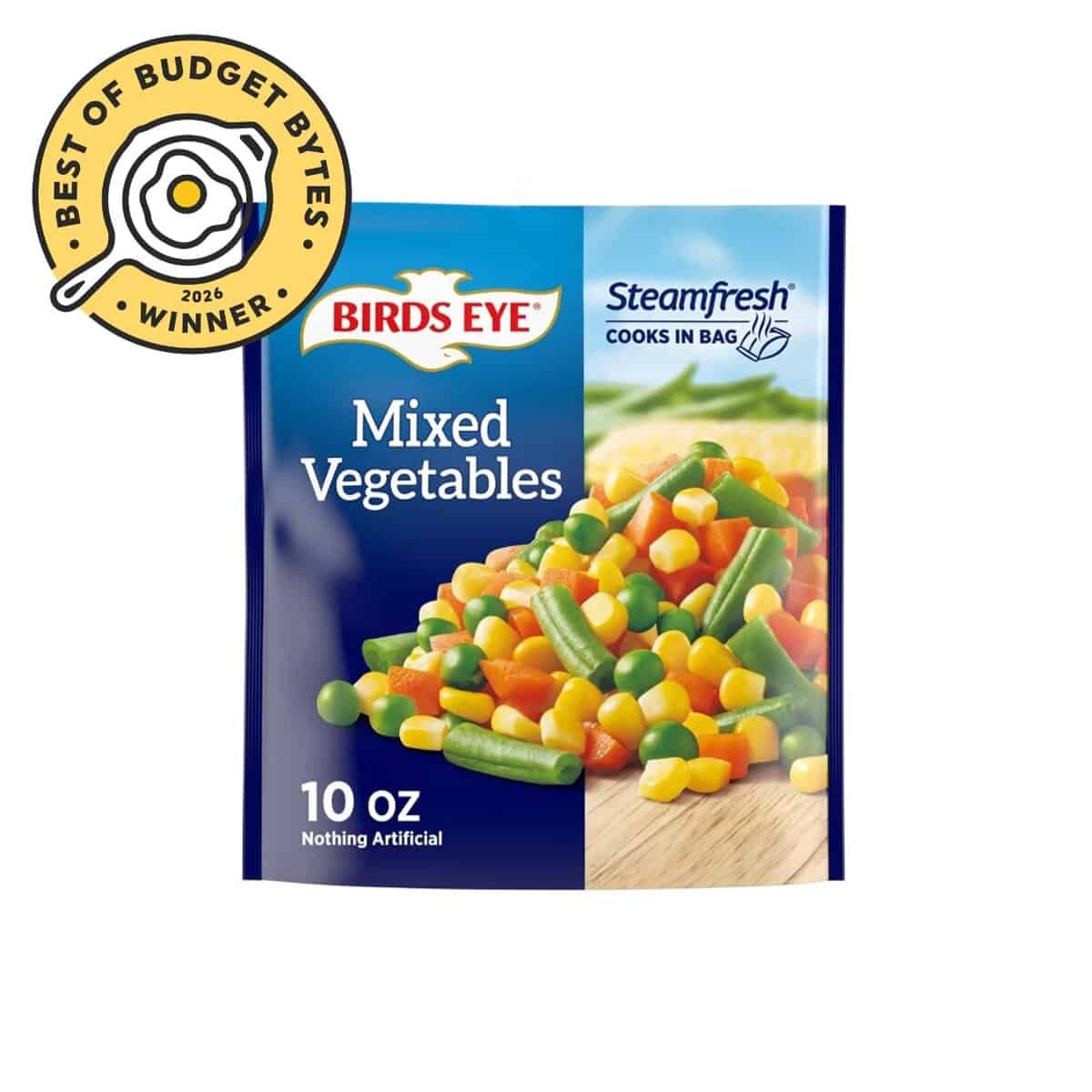 front view of a Birds eye frozen vegetables packet with a budget bytes seal.