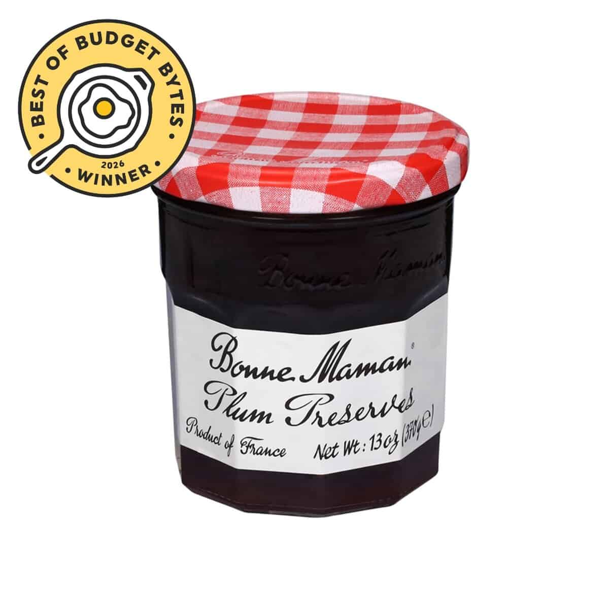 front view of a jar of bonne maman with a budget bytes seal.