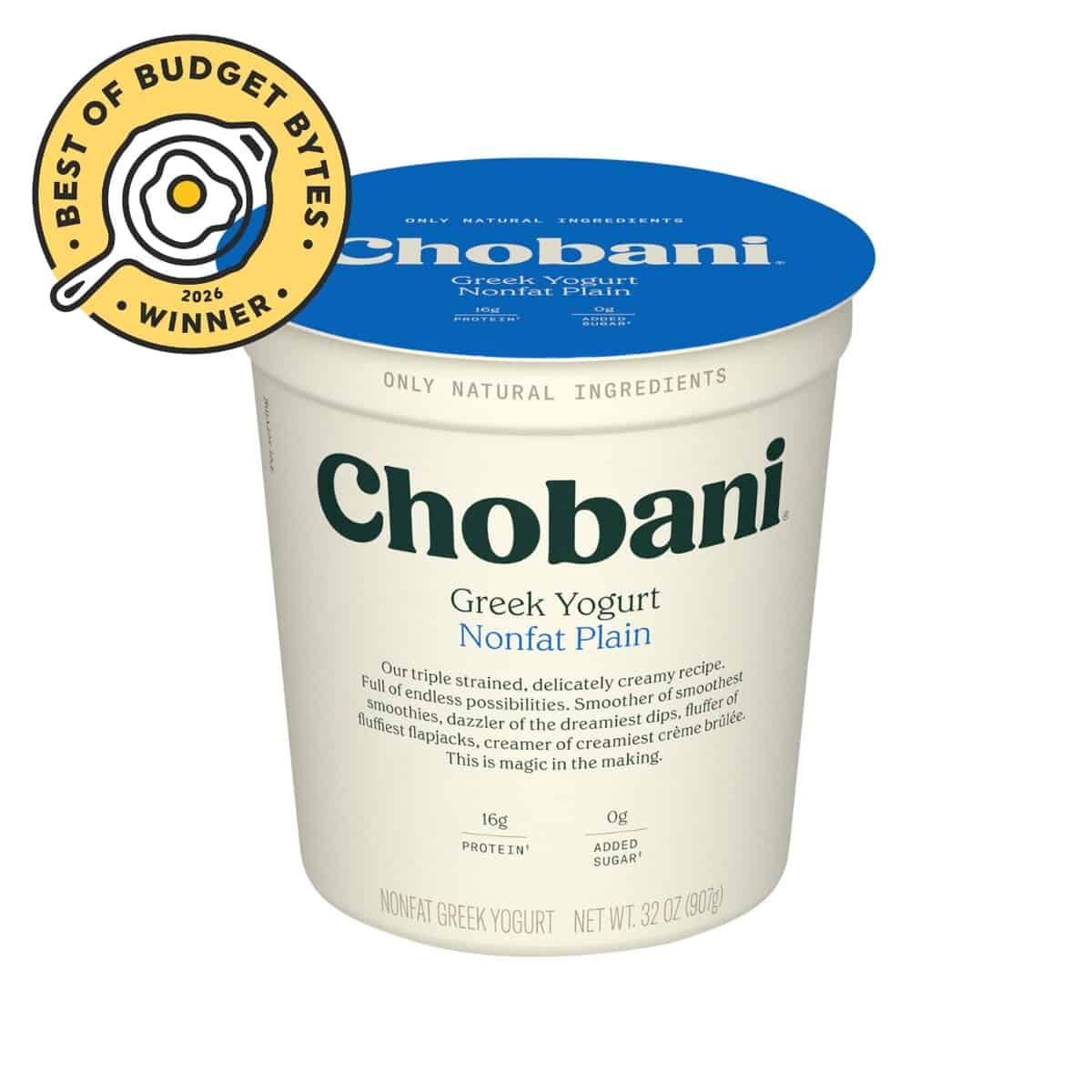 front view of a chobani greek style yogurt with a budget bytes seal.