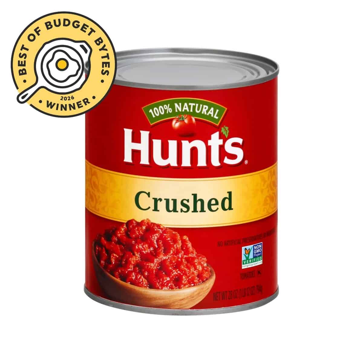 front view of a can of hunts crushed tomatoes with a budget bytes seal.