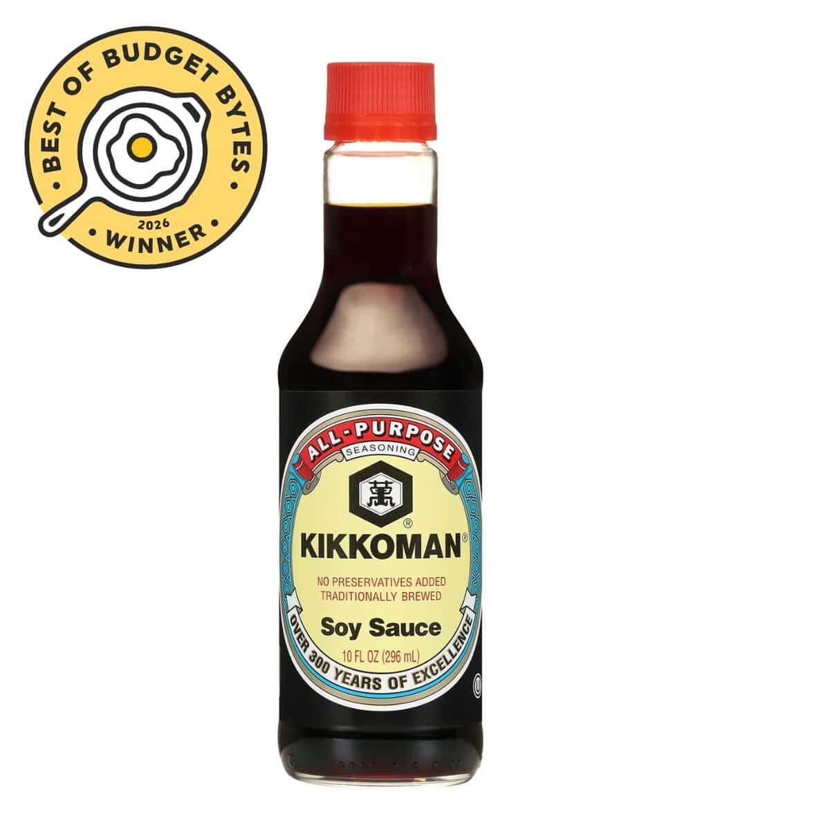 front view of a bottle of kikkoman soy sauce with a budget bytes seal.