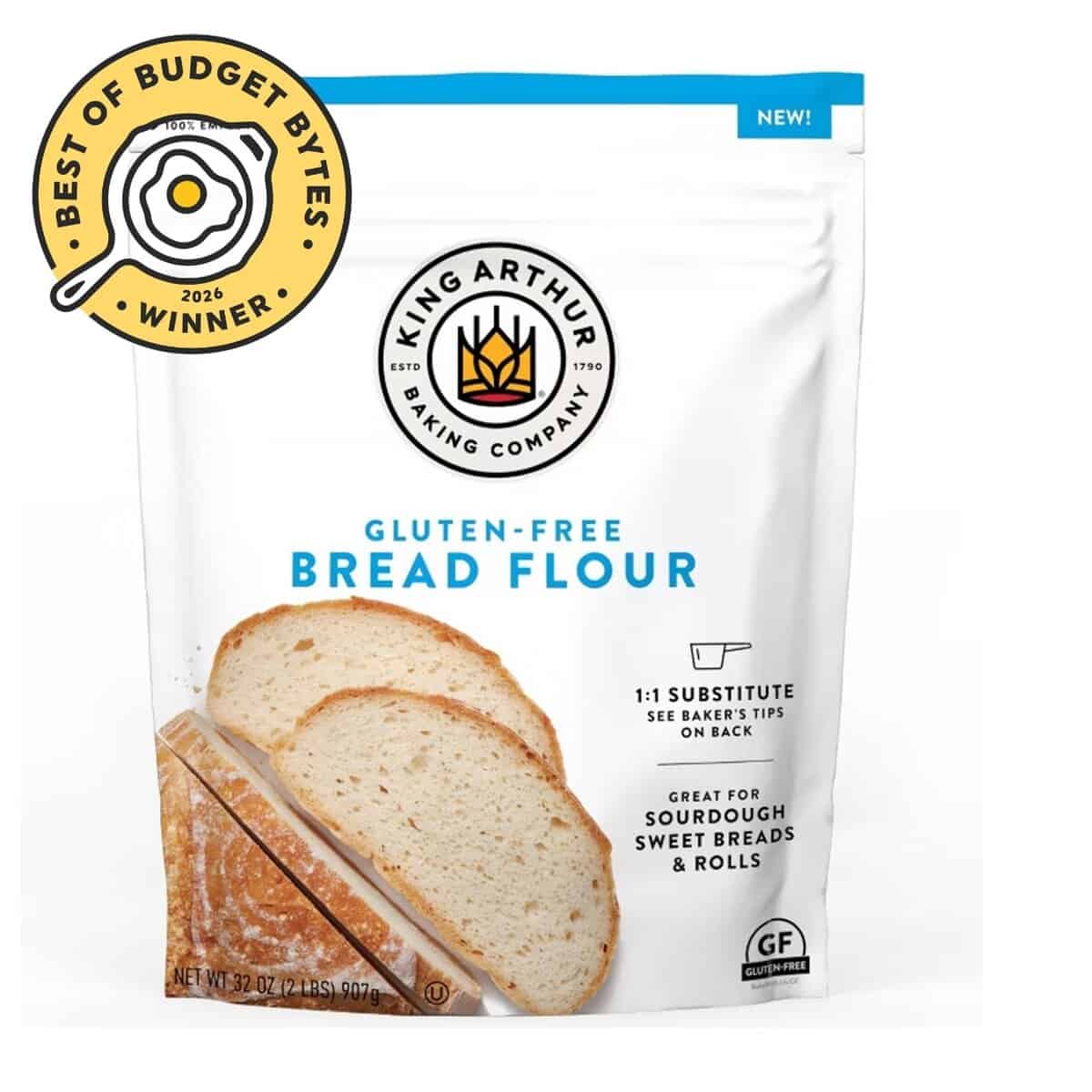 front view of a gluten free king arthur flour with a budget bytes seal.