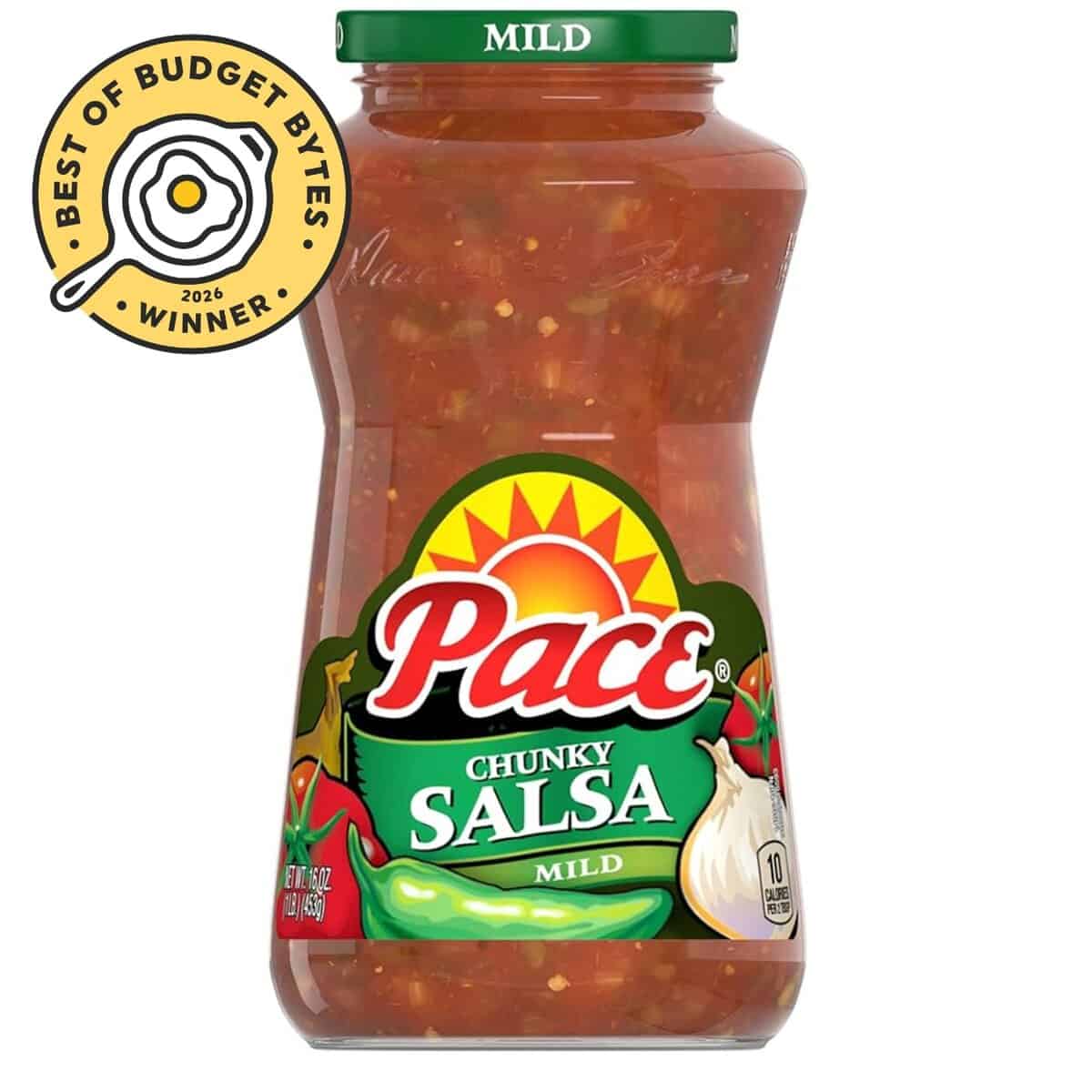 front view of a jar of pace salsa with a budget bytes seal.