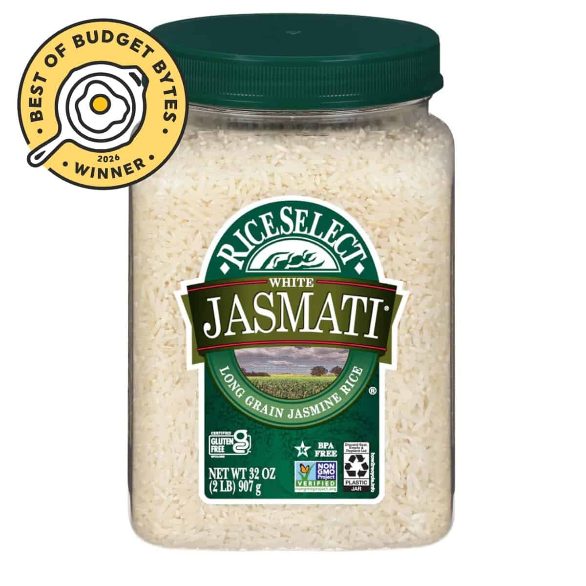 front view of a package of rice select jasmati with a budget bytes seal.