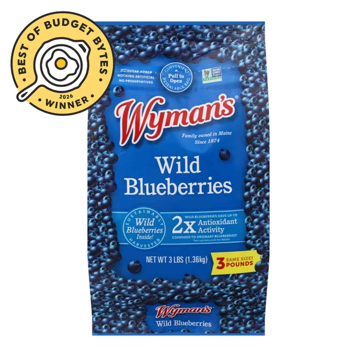 front view of a pack of frozen wymans blueberries with a budget bytes seal.