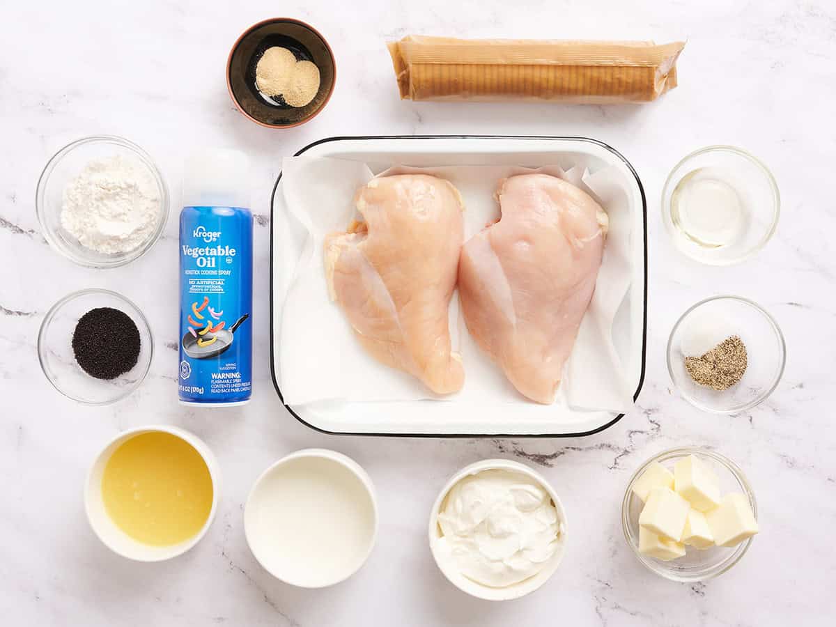 The ingredients to make poppy seed chicken casserole.