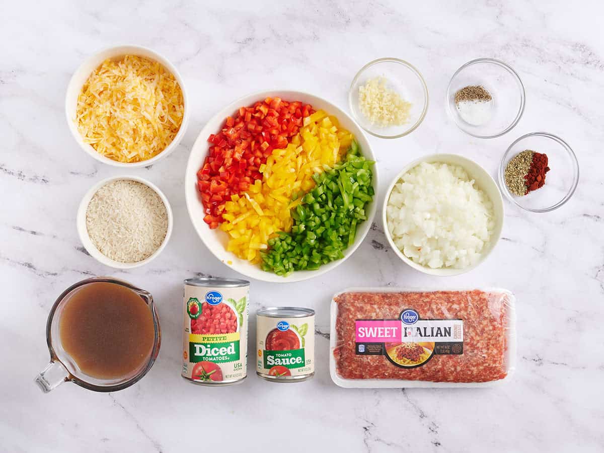 The ingredients to make stuffed pepper skillet.