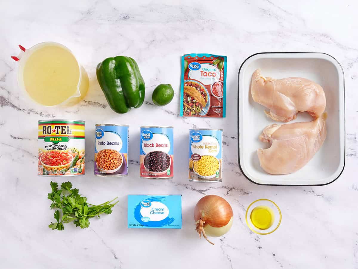 The ingredients to make chicken taco soup.