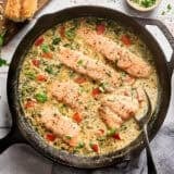 Overhead view of a Tuscan salmon skillet.