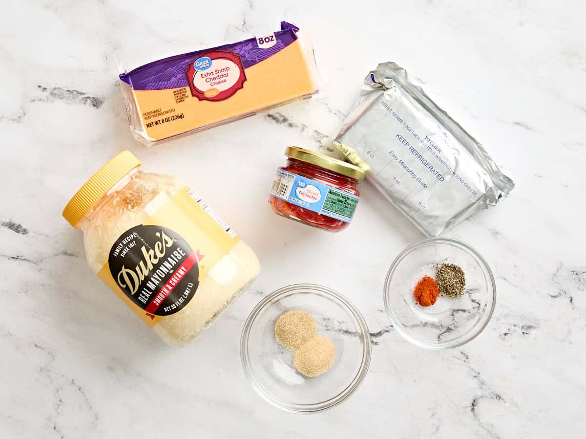 The ingredients to make southern pimento cheese.