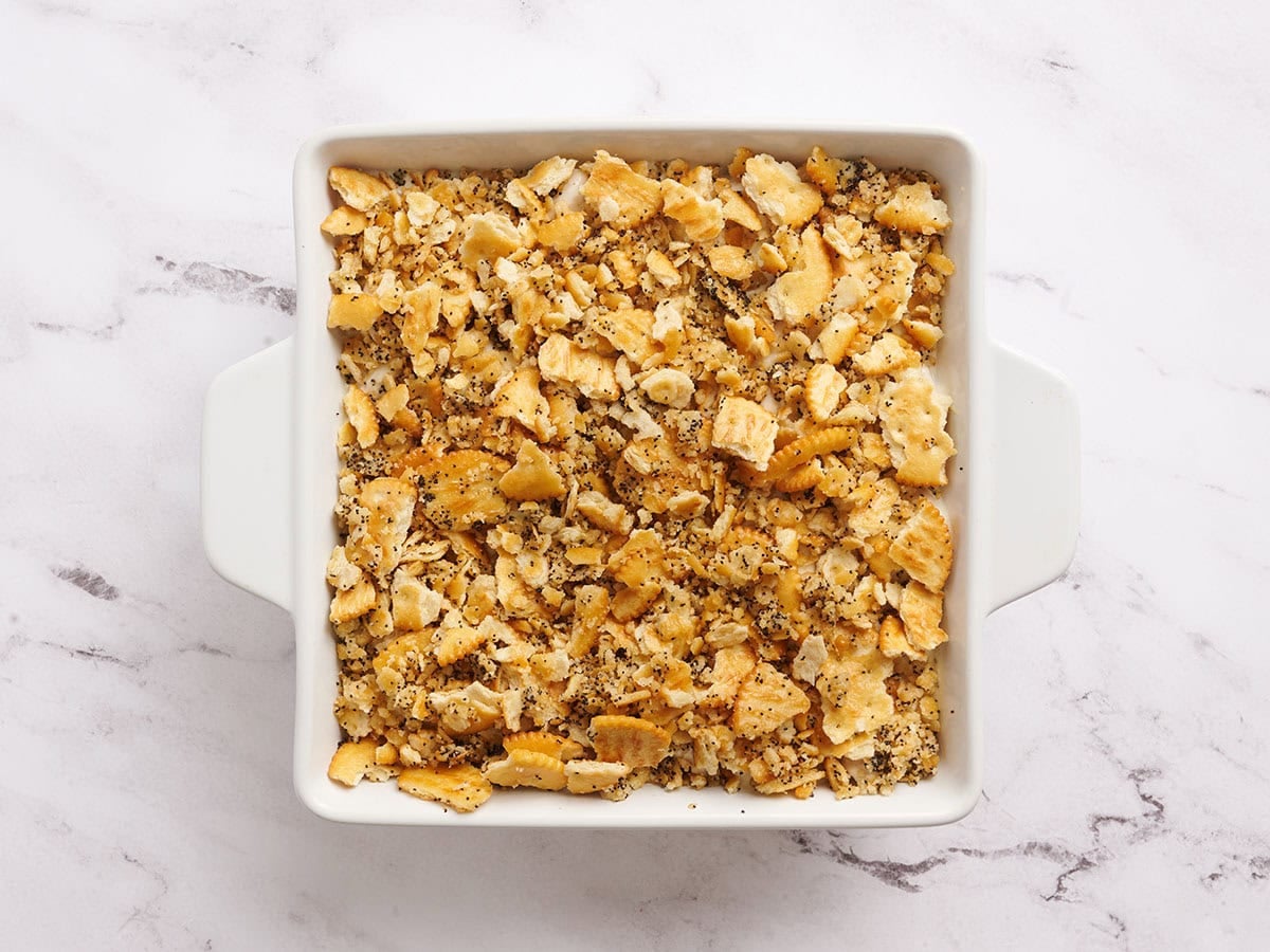 Poppy seed chicken topped with buttery crackers.