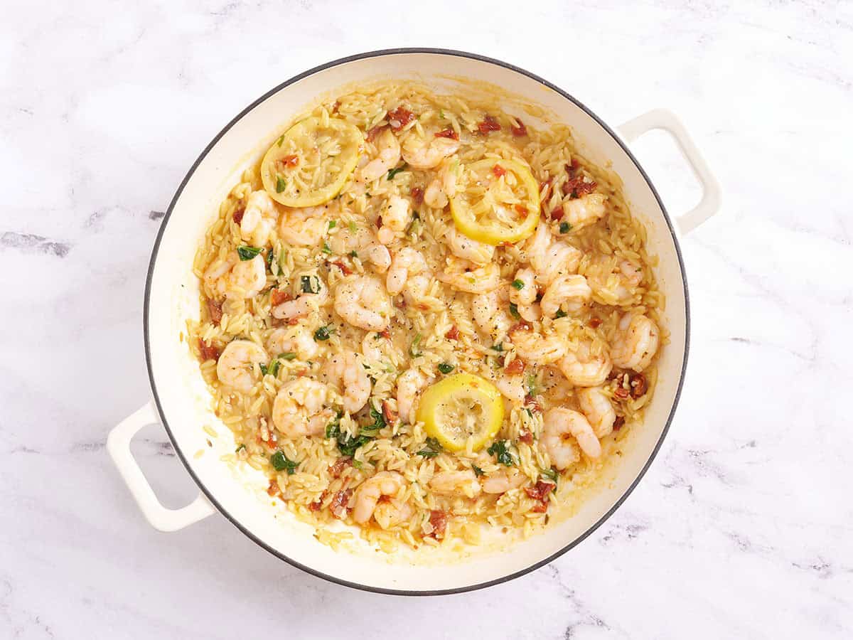 Finished garlic shrimp and orzo skillet.