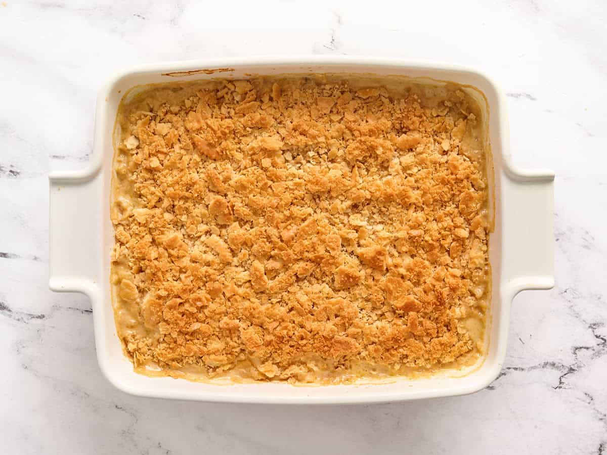 Freshly baked million dollar chicken casserole.
