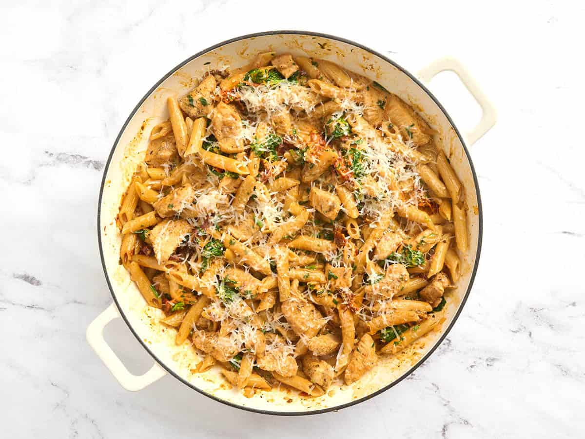 A pot of marry me chicken pasta.