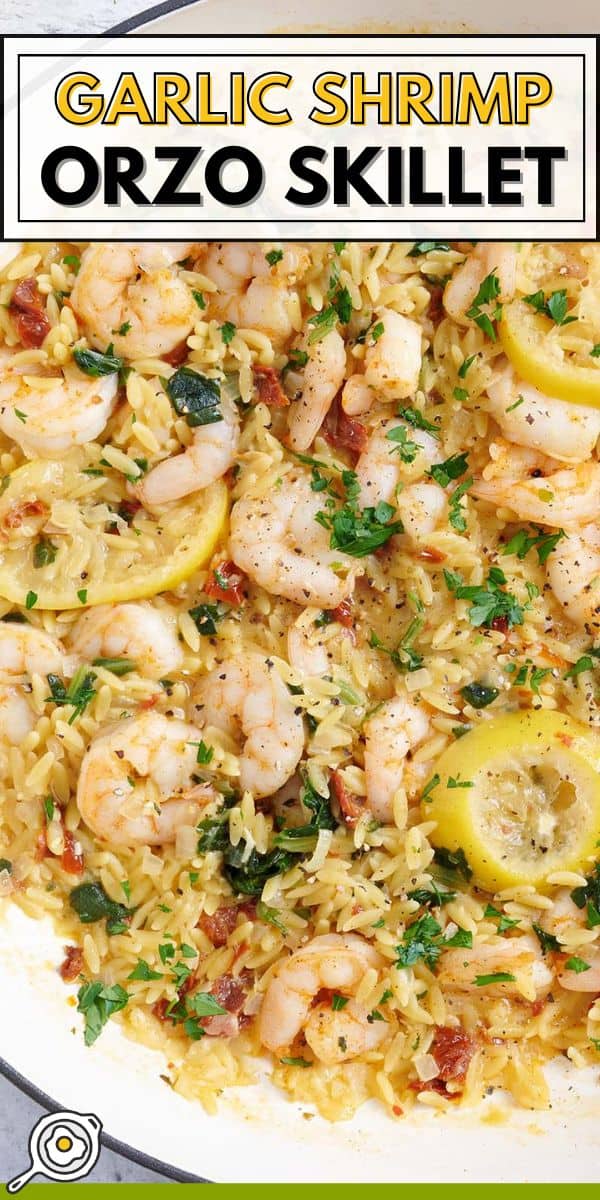 garlic shrimp and orzo skillet pin image